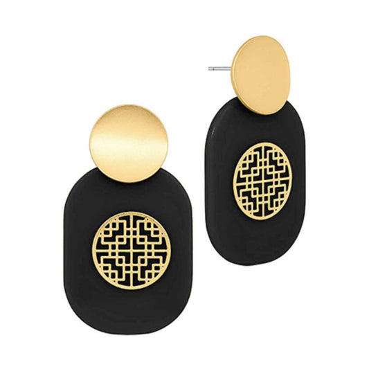 Medallion Drop Earrings in black, gold filigree medallion overlay