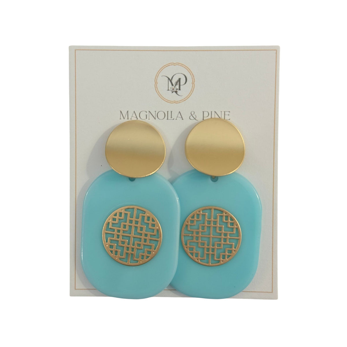Medallion Drop Earrings in blue, gold filigree medallion overlay