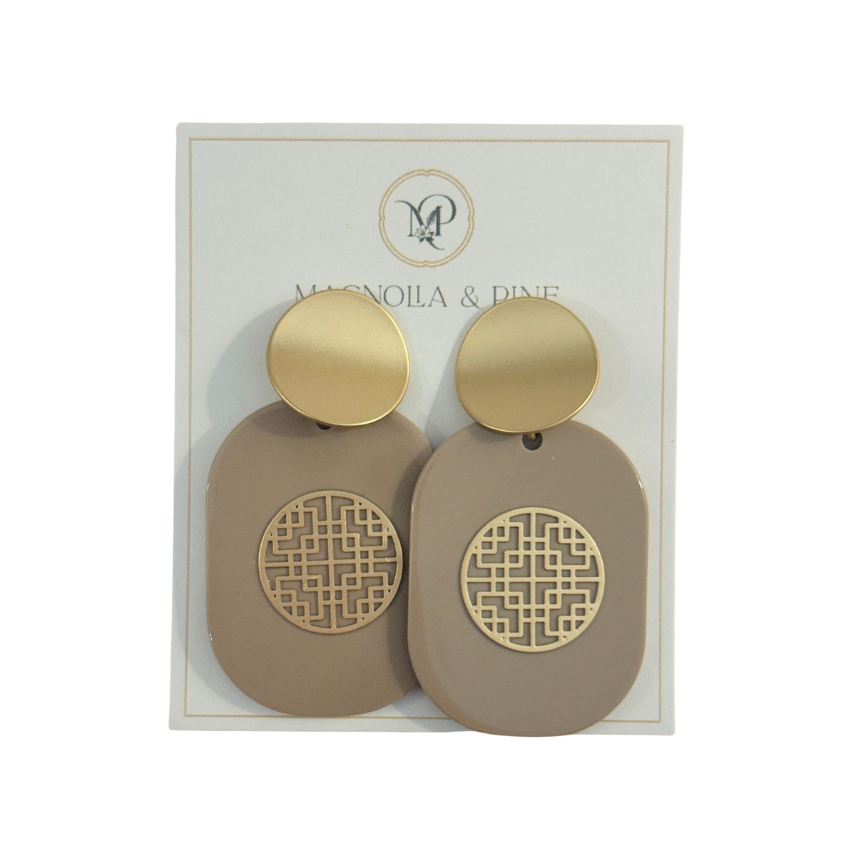 Medallion Drop Earrings in mocha, gold filigree medallion overlay
