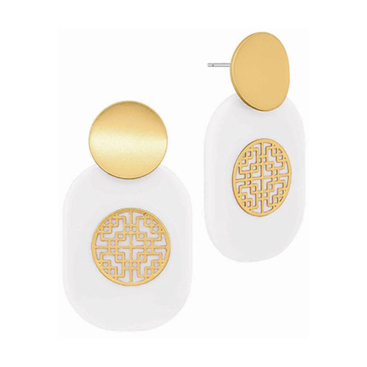 Medallion Drop Earrings in white, gold filigree medallion overlay