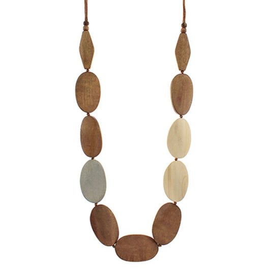 Oval Wood Cord Necklace in brown cord, 32-inch with lobster clasp