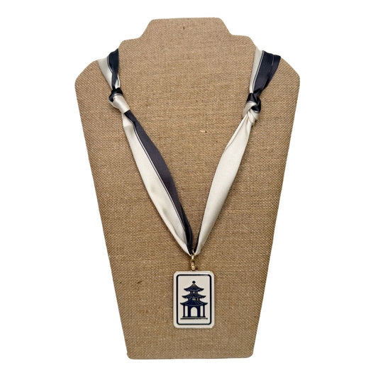 Mahjong Scarf Necklace, navy and ivory striped scarf necklace with mahjong tile pendant