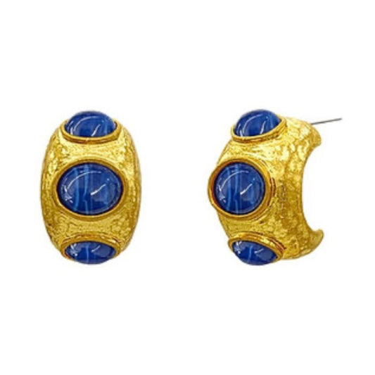 Pave Blue Stone Hoops, pave hoop with faux pearl and stone detail