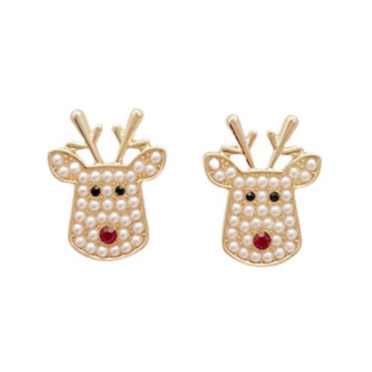 Pave Pearl Rudolf Reindeer Earrings, faux pearl and pave crystal reindeer