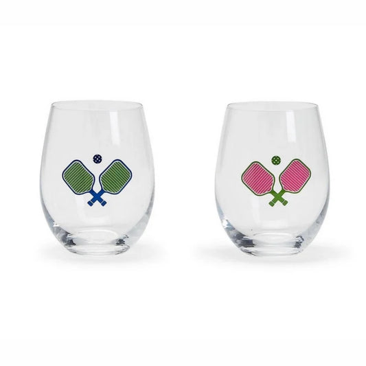 Blue and pink pickleball stemless wine glasses side by side