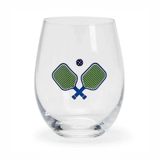 Blue stemless wine glass with pickleball and racket design