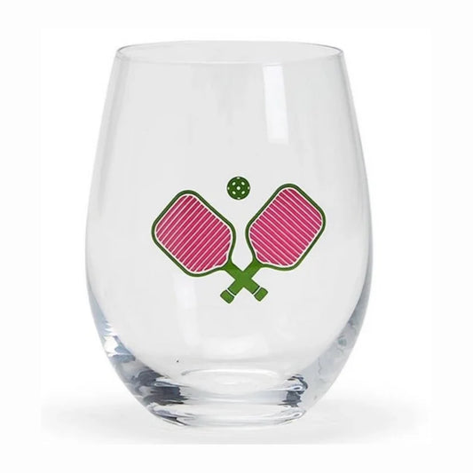 Pink stemless wine glass with pickleball and racket design