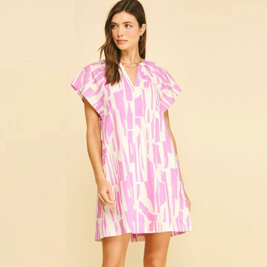 Pink mini tunic dress with V-neck and cap sleeves