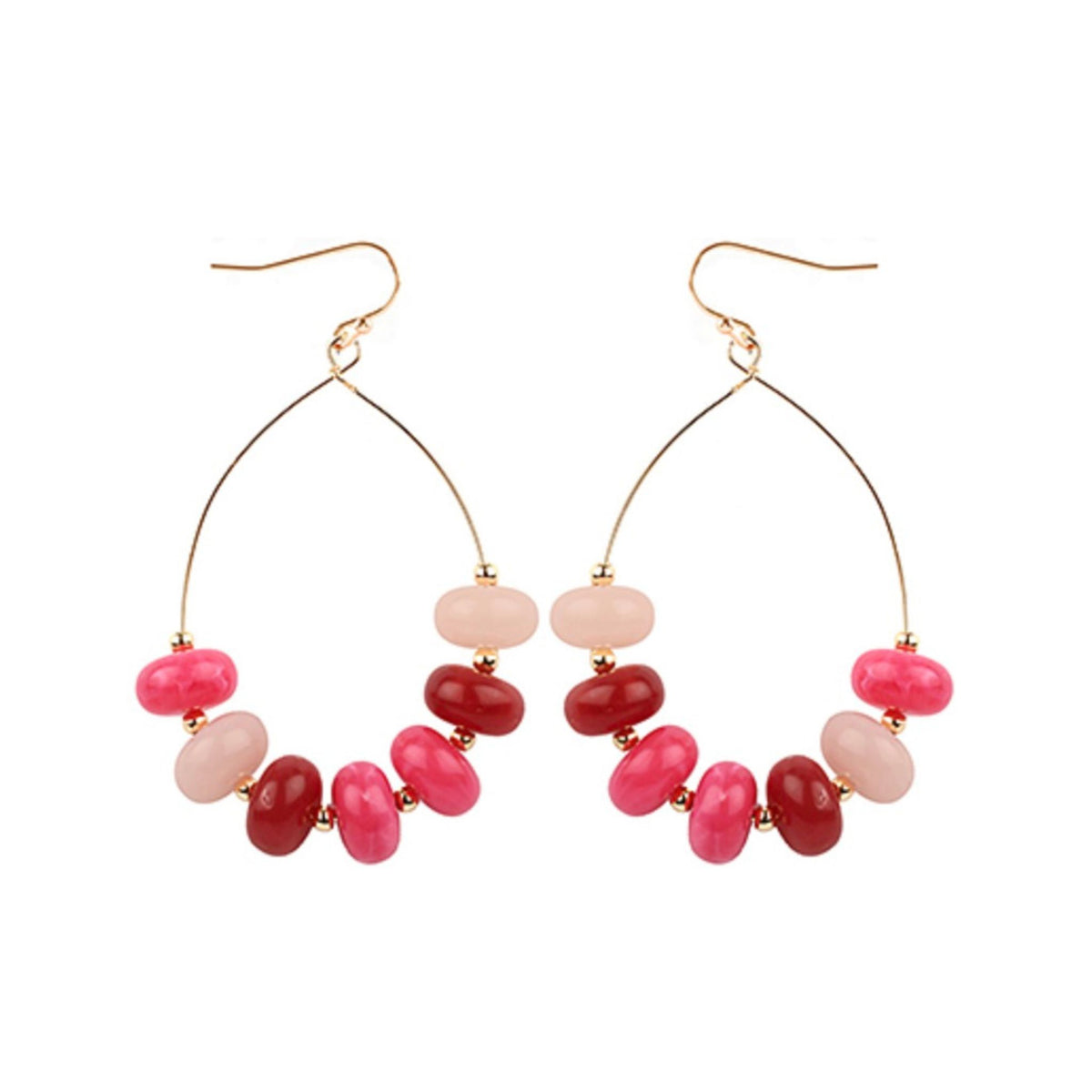 Pink Stone Dangle Earrings, gold wire dangle with pink and berry stone beads