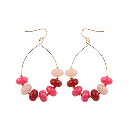 Pink Stone Dangle Earrings, gold wire dangle with pink and berry stone beads