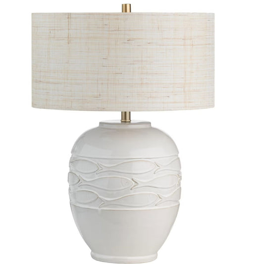 Piper Table Lamp with carved fish and grasscloth shade