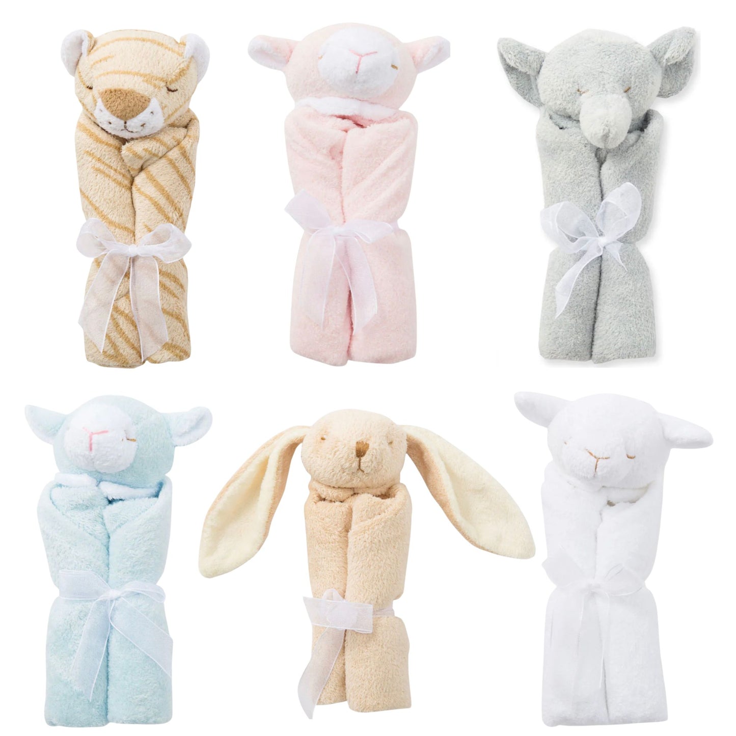 Plush animal lovies, all six styles shown together