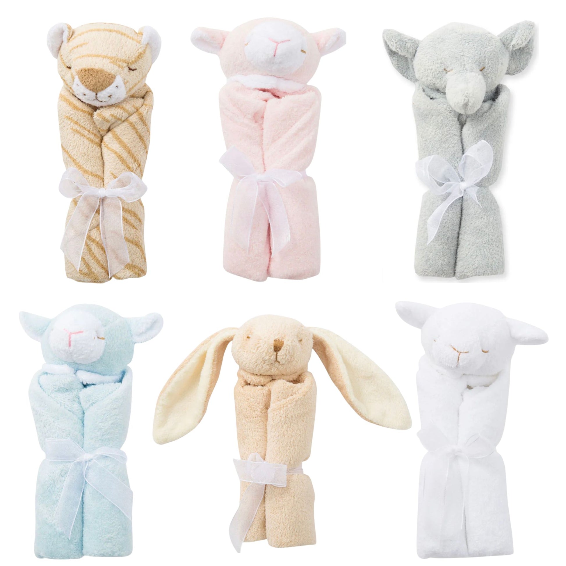 Plush animal lovies, all six styles shown together