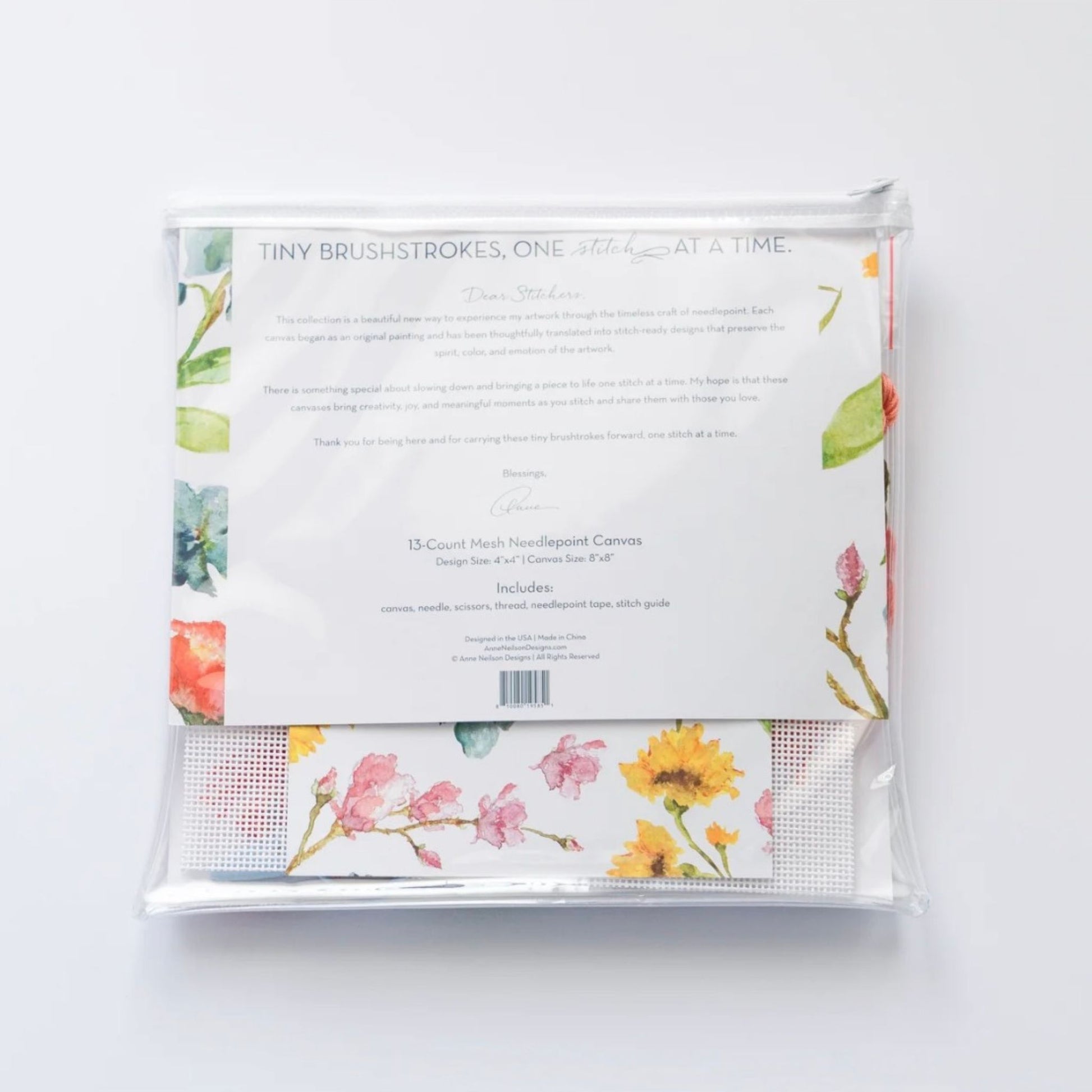 Back of the Praise Floral Beginner Needlepoint Kit packaging.