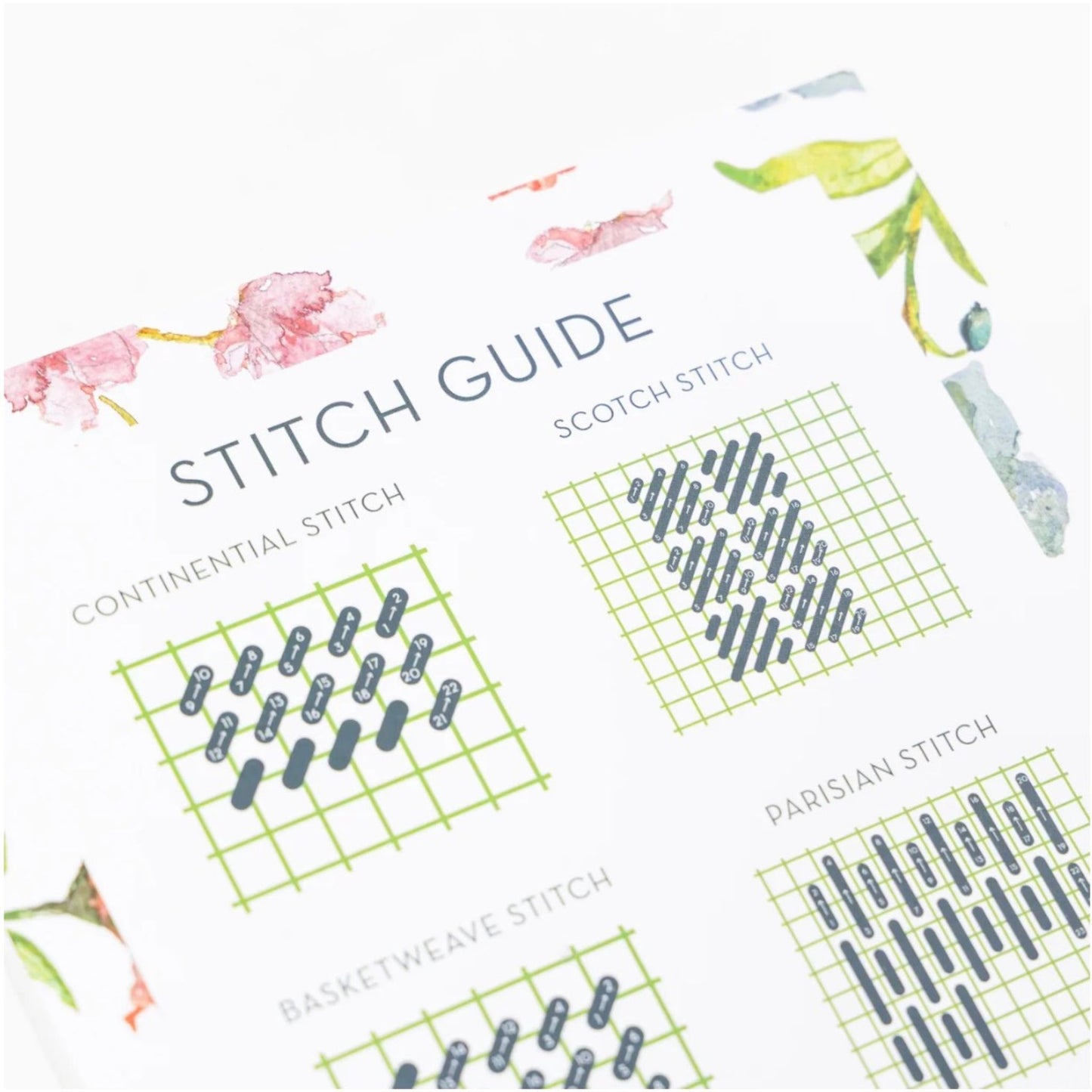 Praise Floral Beginner Needlepoint Kit, included stitch guide.