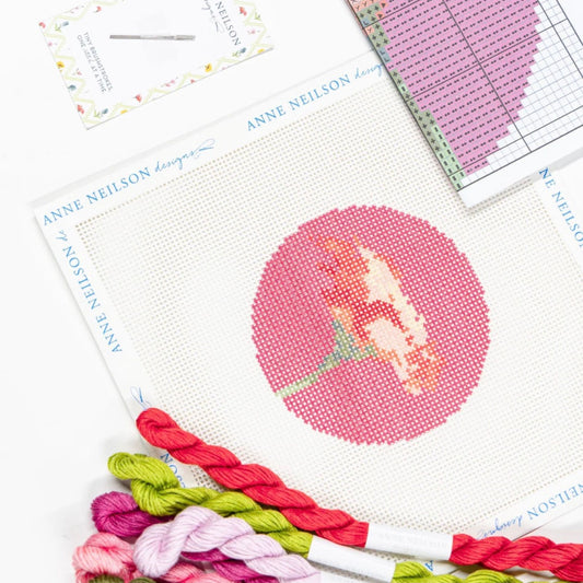 Praise Floral Beginner Needlepoint Kit, flat lay with included tools.