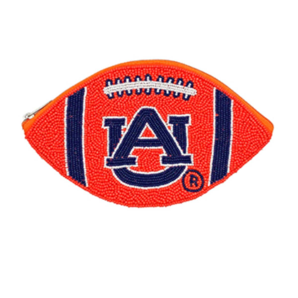 A football-shaped coin pouch hand-beaded in Auburn orange and blue.