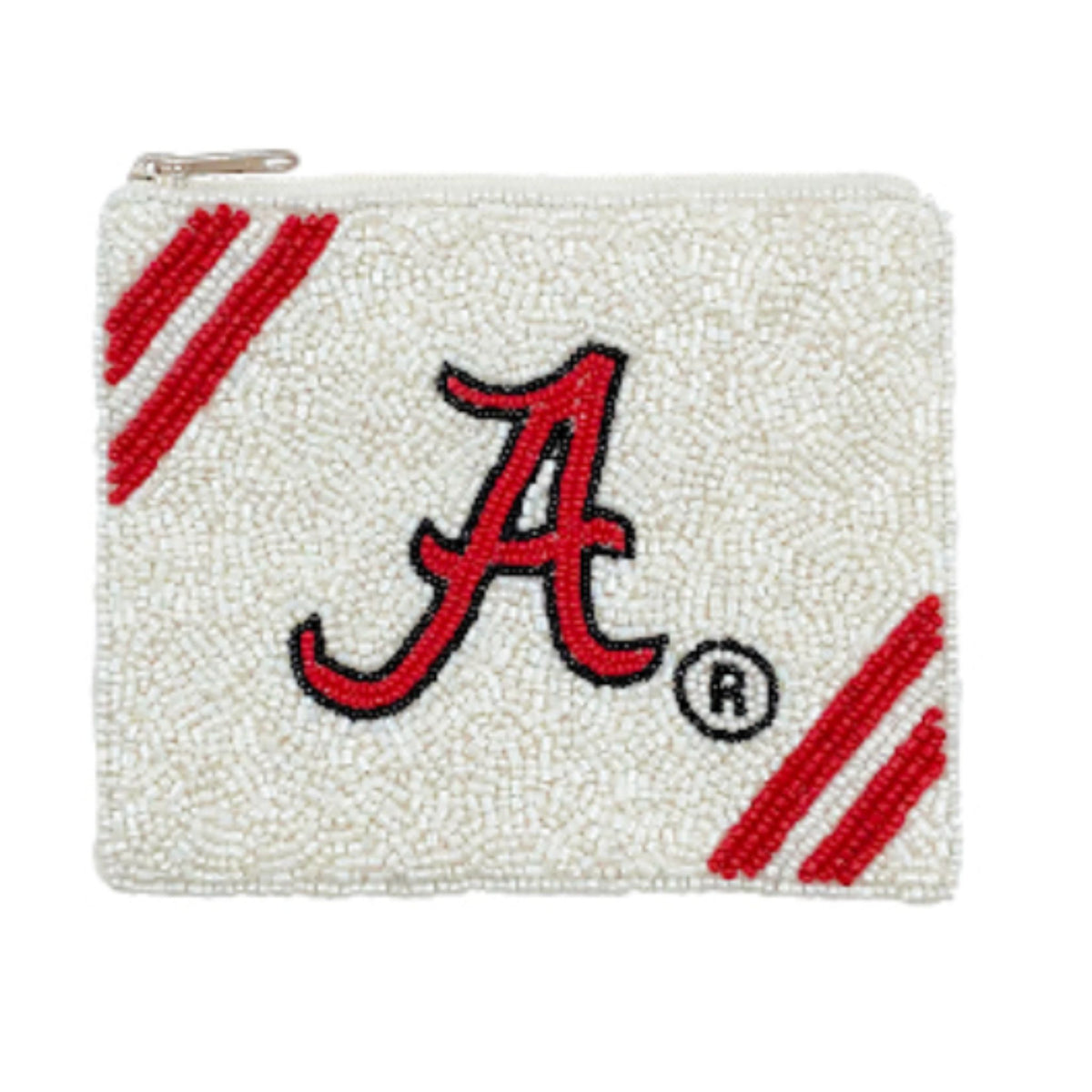 An elephant-shaped coin pouch hand-beaded in Alabama crimson and white, white logo design.