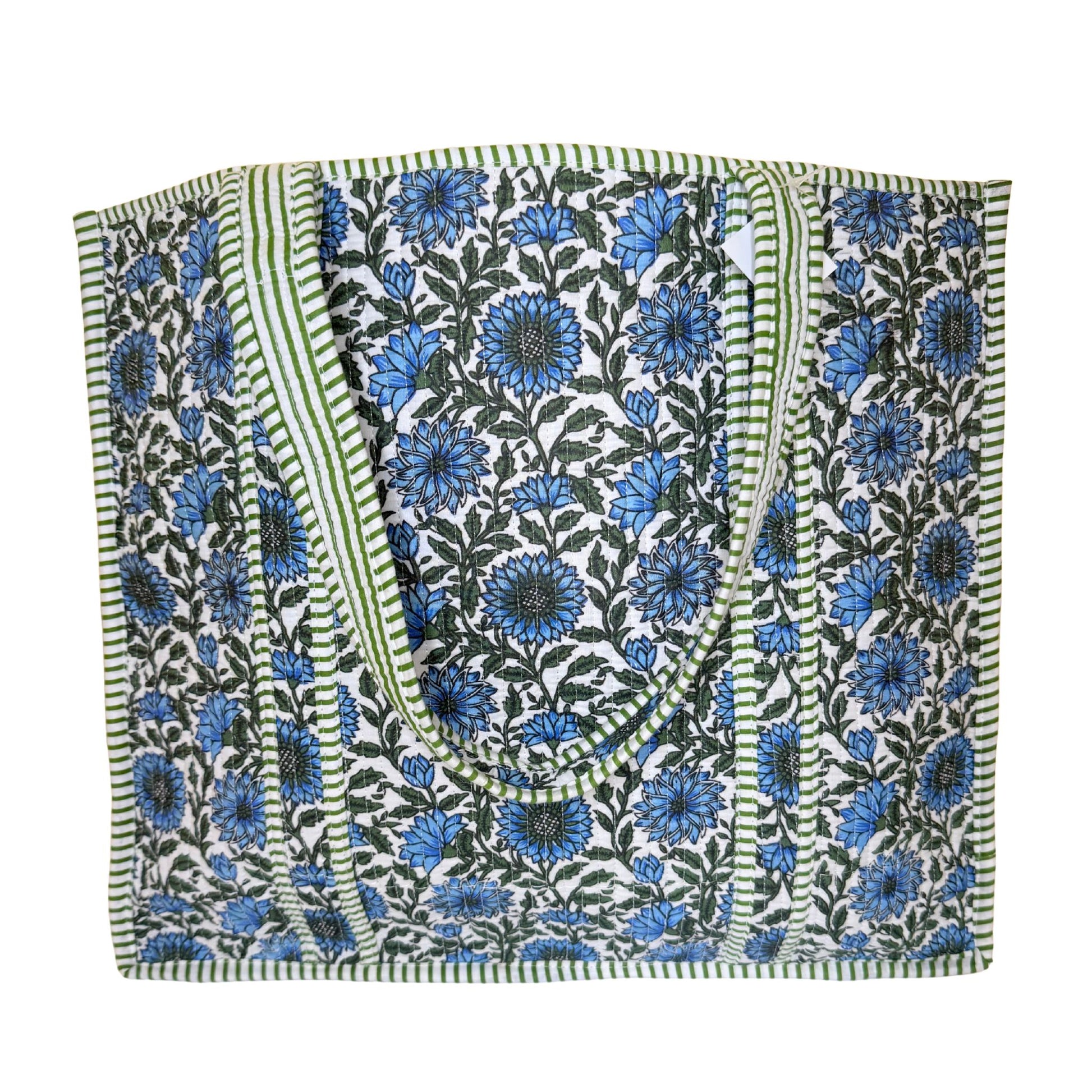Block-Print Quilted Tote in green and blue block-print floral
