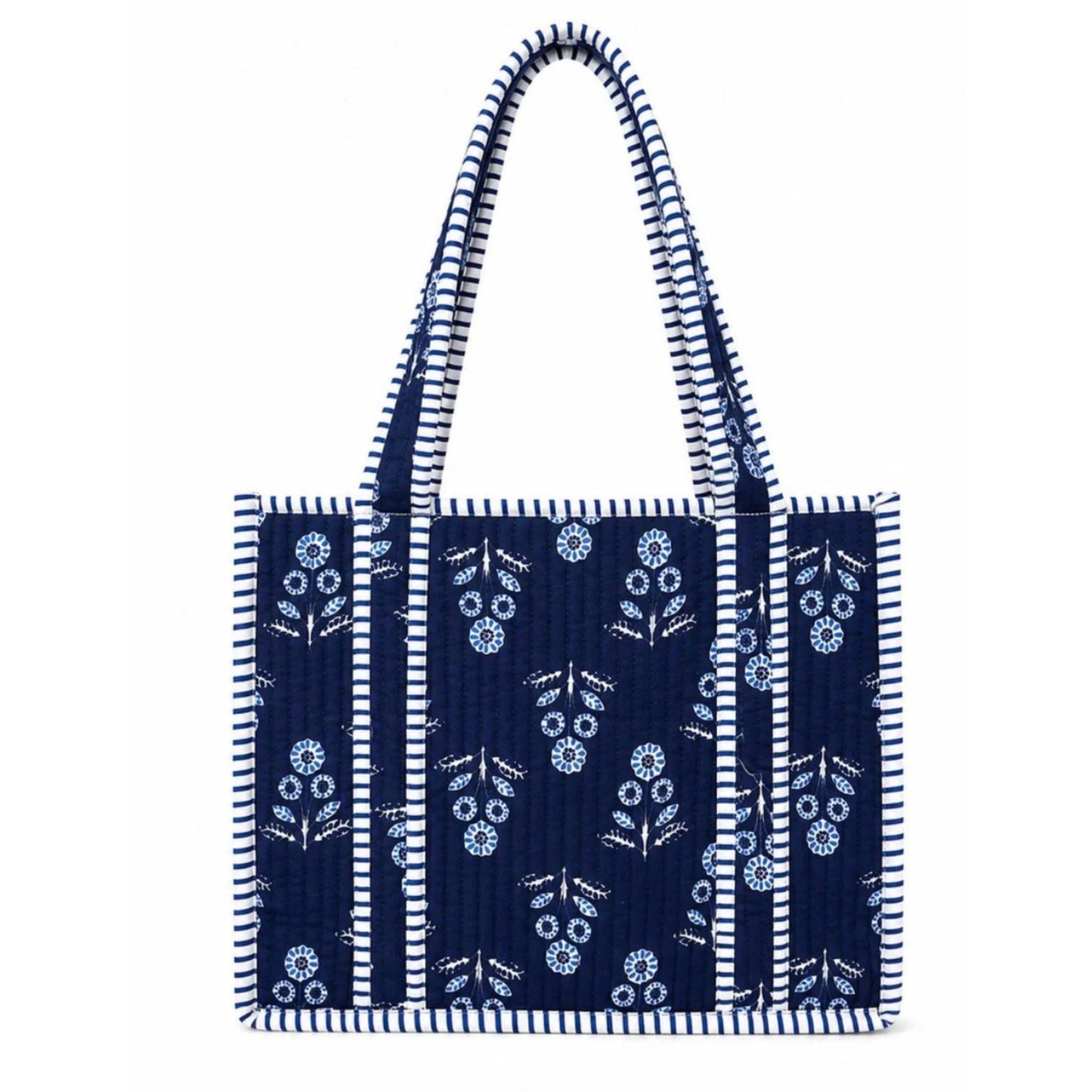 Block-Print Quilted Tote in navy and white block-print floral