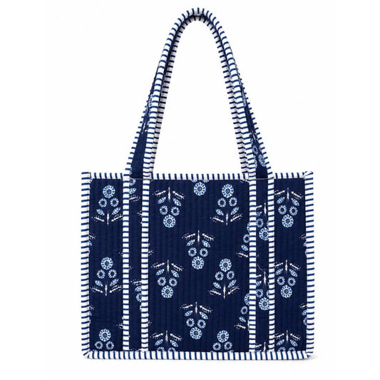 Block-Print Quilted Tote in navy and white block-print floral