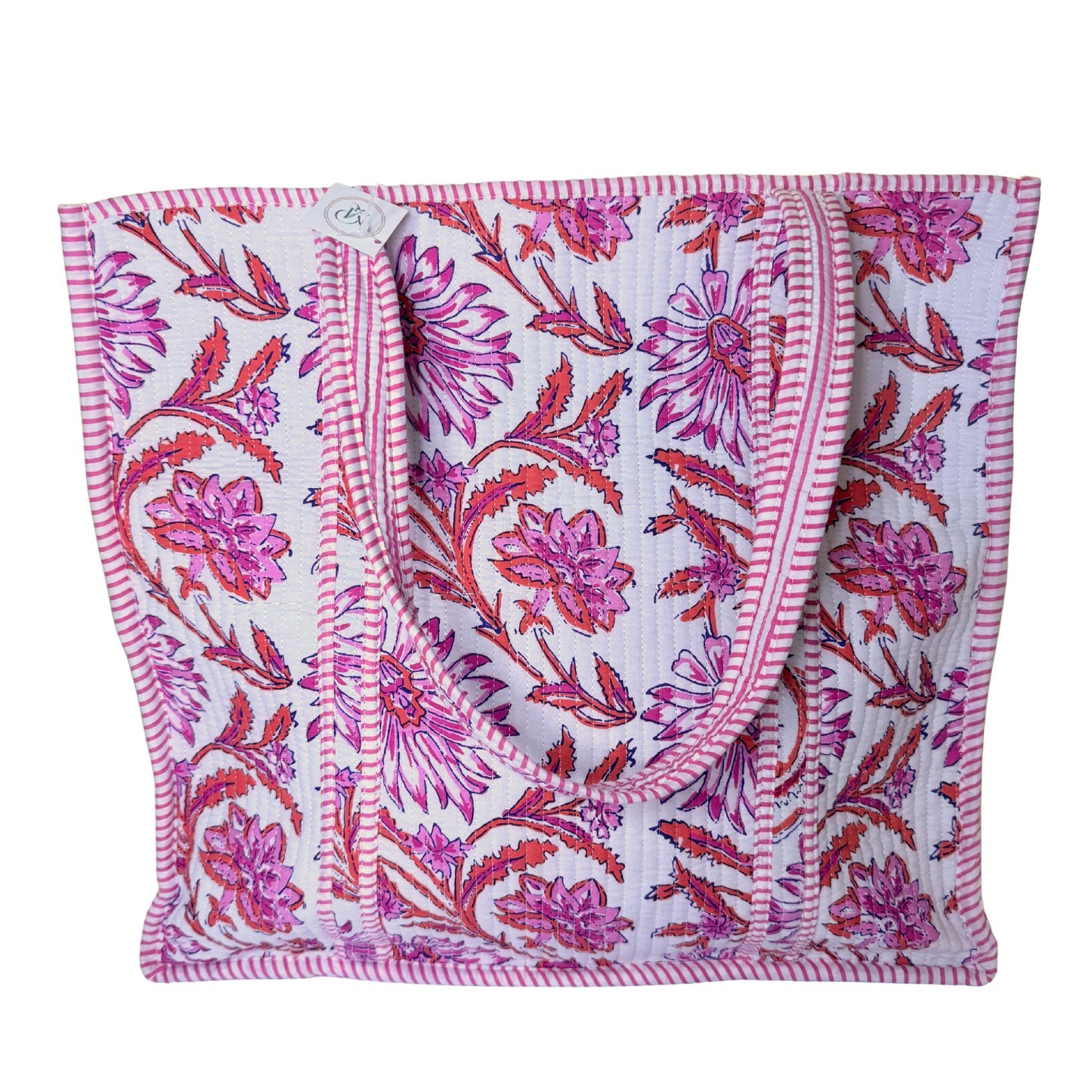 Block-Print Quilted Tote in pink and orange block-print floral