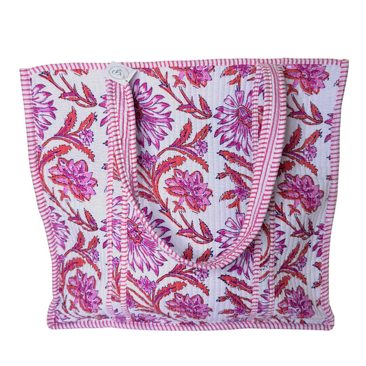 Block-Print Quilted Tote in pink and orange block-print floral