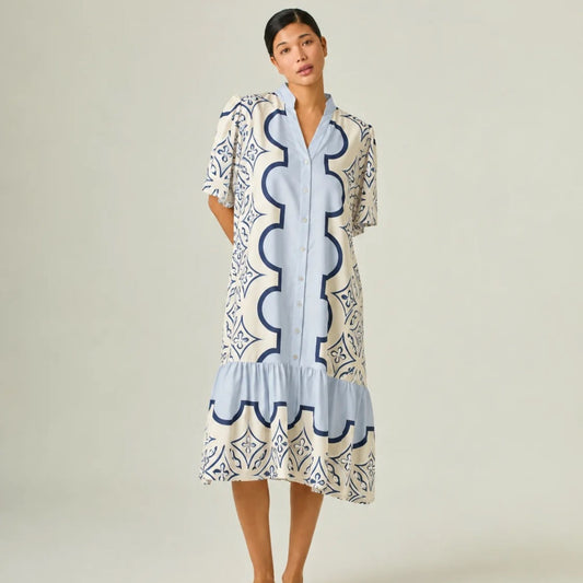 Ruffle-Hem Shirtdress in Blue Print, front view