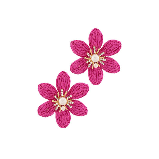 Raffia Flower & Pearl Earrings in pink raffia with faux pearl center