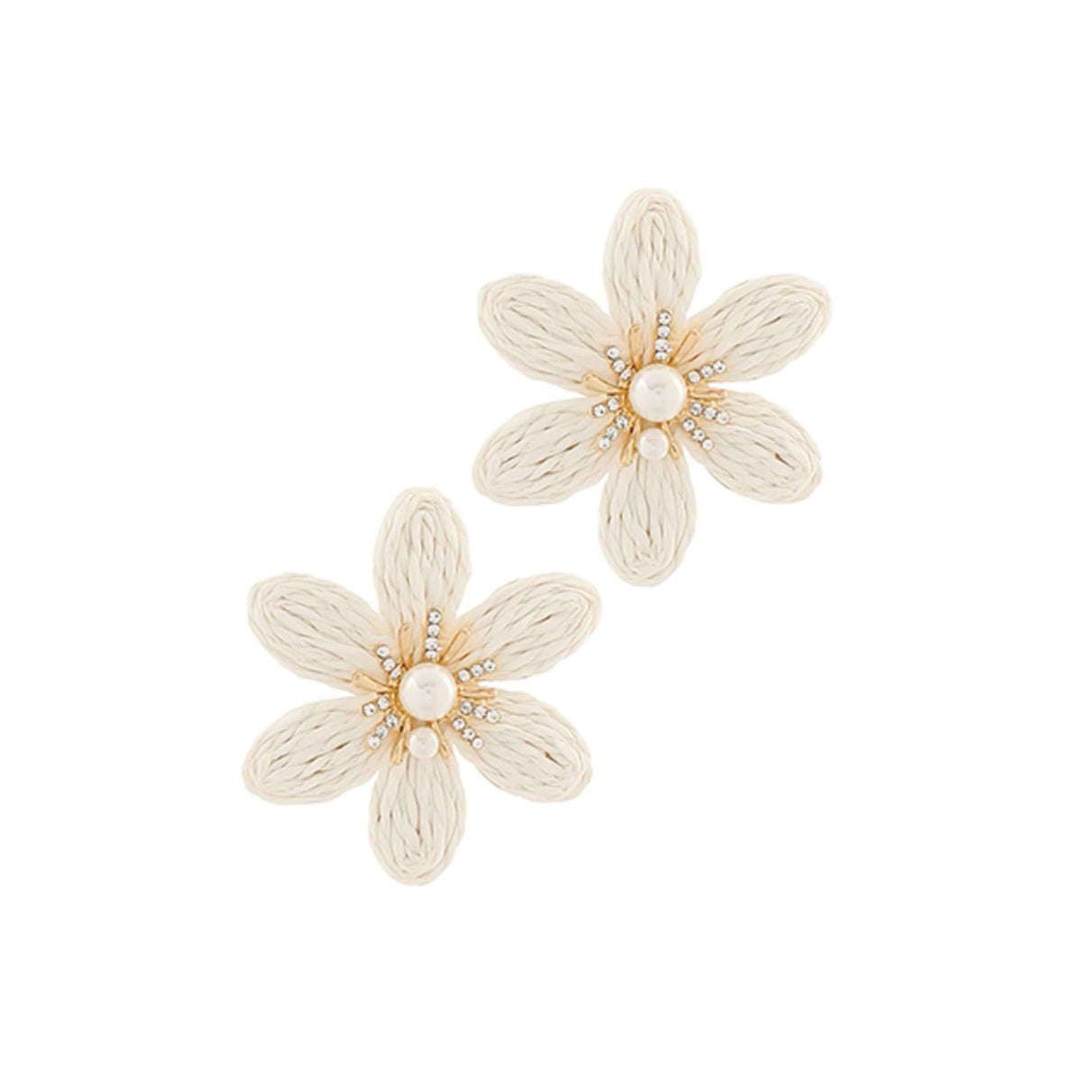 Raffia Flower & Pearl Earrings in white raffia with faux pearl center