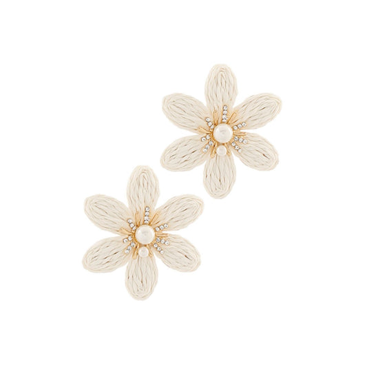 Raffia Flower & Pearl Earrings in white raffia with faux pearl center