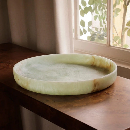 Jade swirl resin round tray with one-of-a-kind swirled pattern