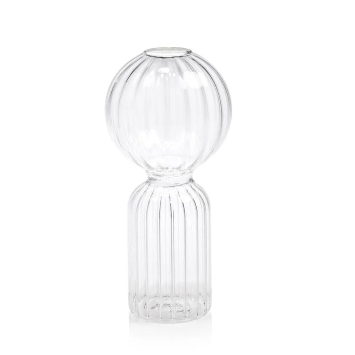 A clear ribbed glass vase with a rounded, bulbous top and a fluted cylindrical base, shown on a plain white background.