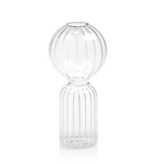 A clear ribbed glass vase with a rounded, bulbous top and a fluted cylindrical base, shown on a plain white background.