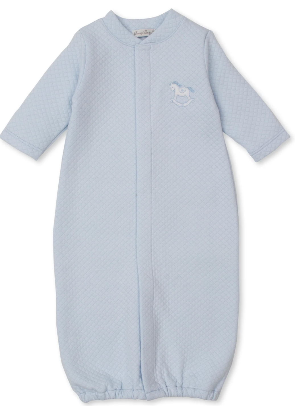Light blue convertible baby gown with a small embroidered rocking horse on a white background