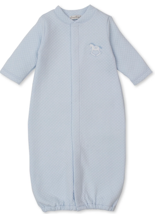 Light blue convertible baby gown with a small embroidered rocking horse on a white background