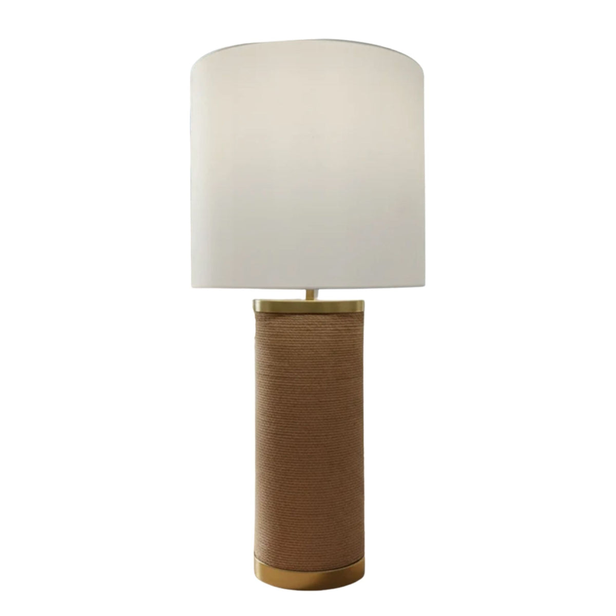 Close-up of a table lamp with a natural abaca rope-wrapped base and polished gold accents at the neck and base.