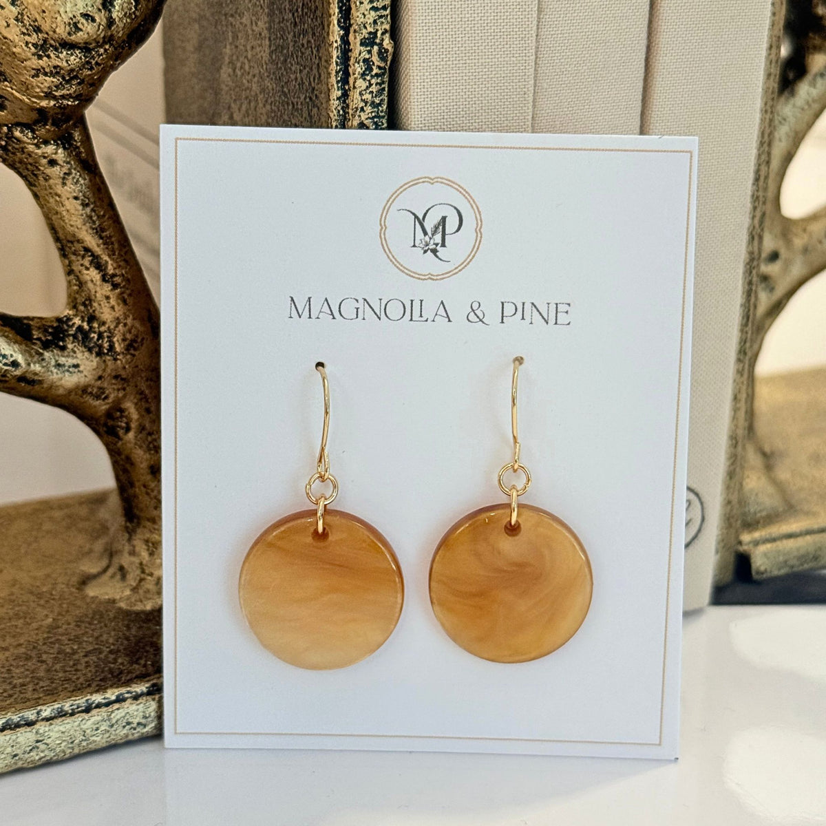 Beige round resin drop earrings