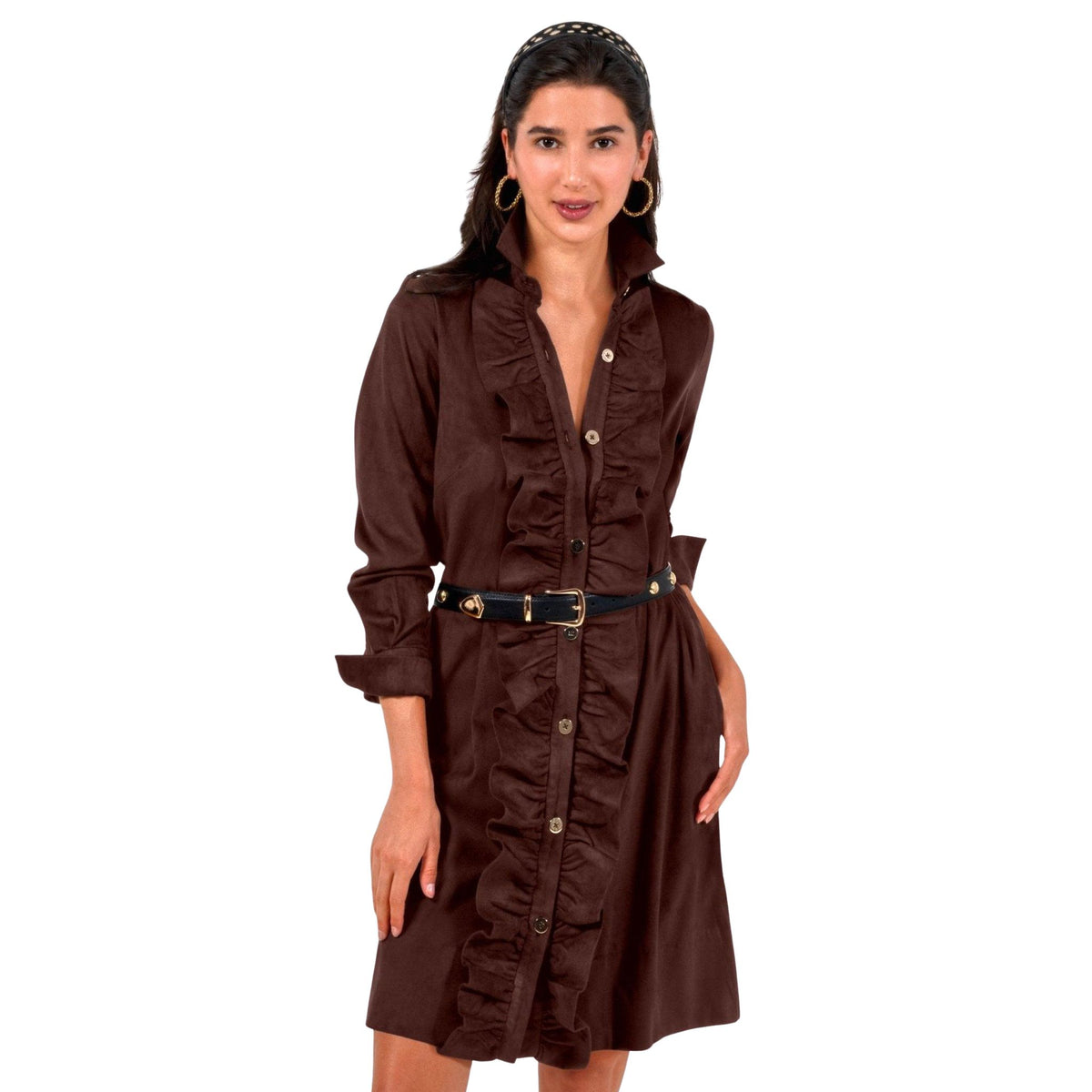Ruffle-Front Knit Dress in espresso