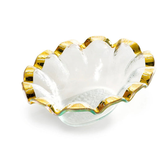 Oval ruffled glass dip bowl with a scalloped edge and metallic gold rim