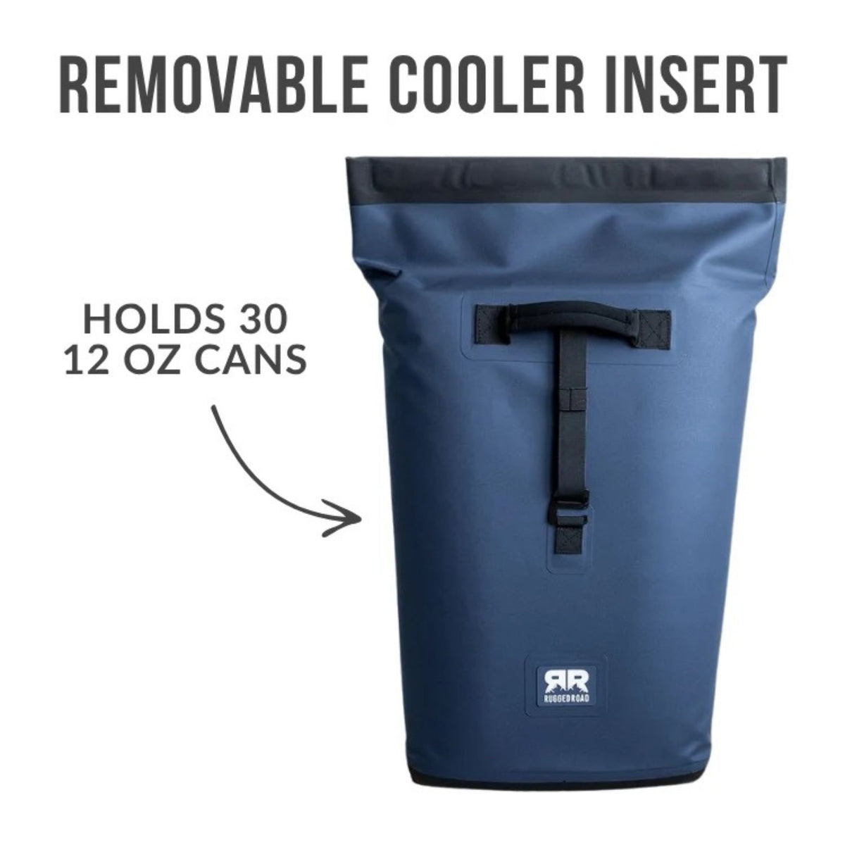 Backpack cooler in navy blue, side view.