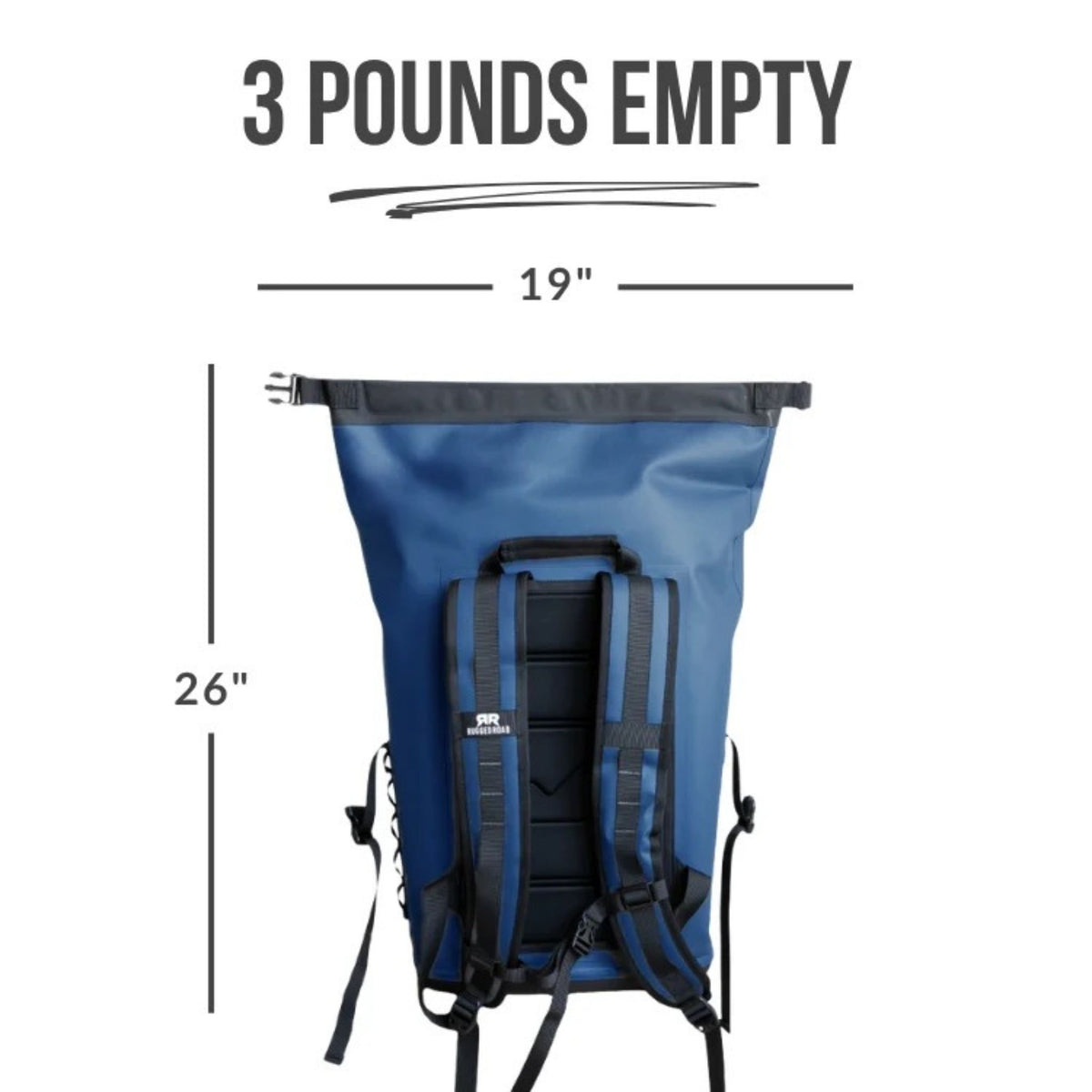 Backpack cooler in navy blue, alternate view.