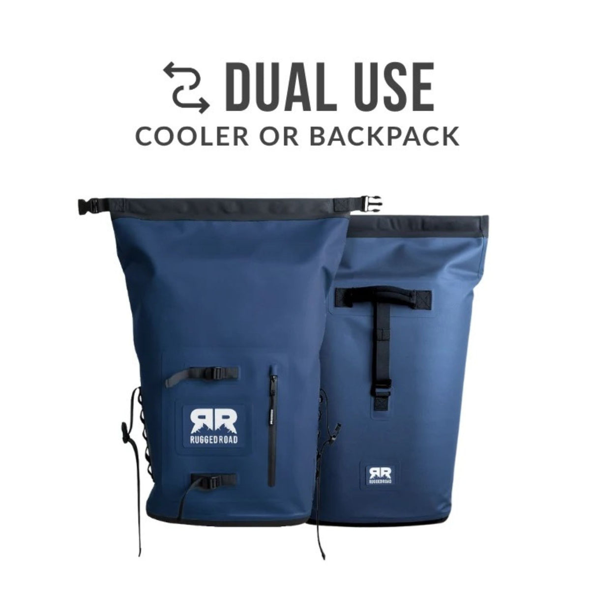 Backpack cooler in navy blue in use outdoors.