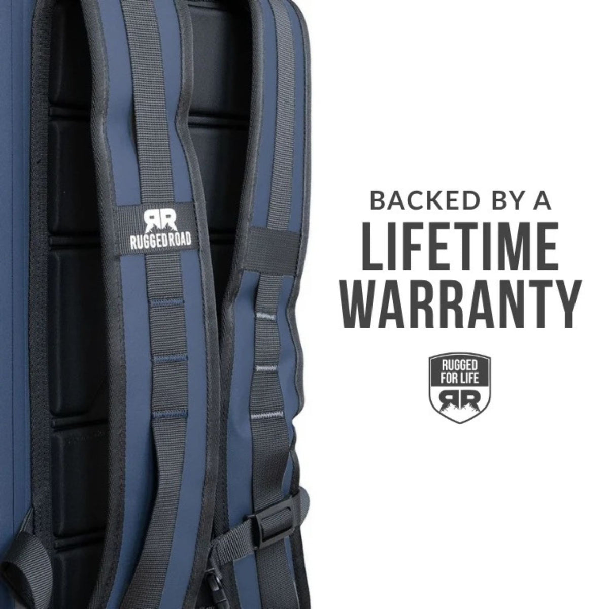 Backpack cooler in navy blue, shown with its warranty card.