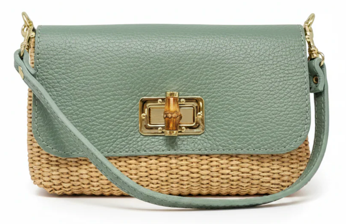 Leather Bamboo Clasp & Raffia Crossbody Bag