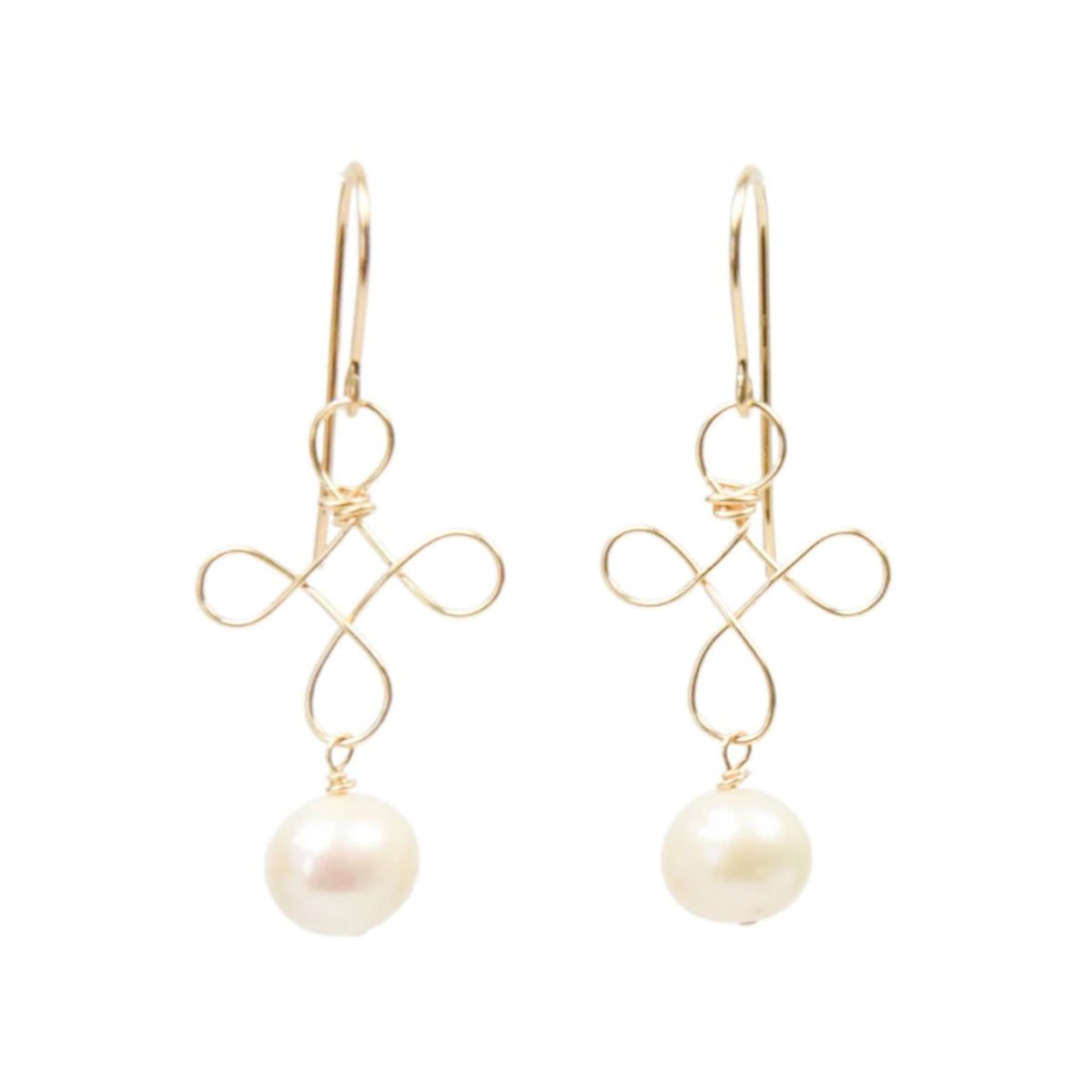 A pair of gold wire drop earrings with a delicate infinity symbol and a single white freshwater pearl dangling below each earring, set against a plain white background.