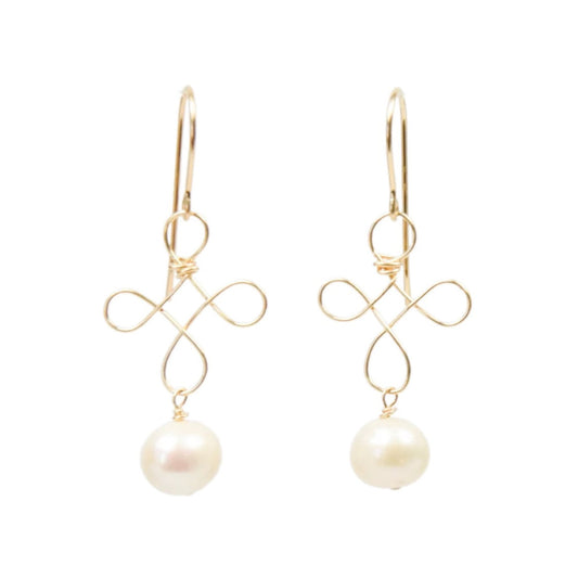 A pair of gold wire drop earrings with a delicate infinity symbol and a single white freshwater pearl dangling below each earring, set against a plain white background.
