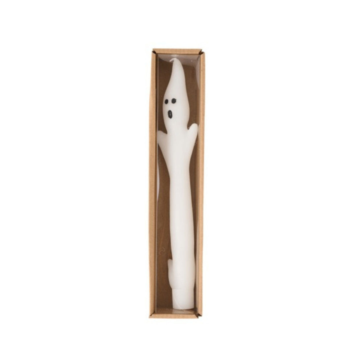 A white ghost-shaped novelty candle with a black face, displayed inside a tall, narrow brown cardboard box on a white background.
