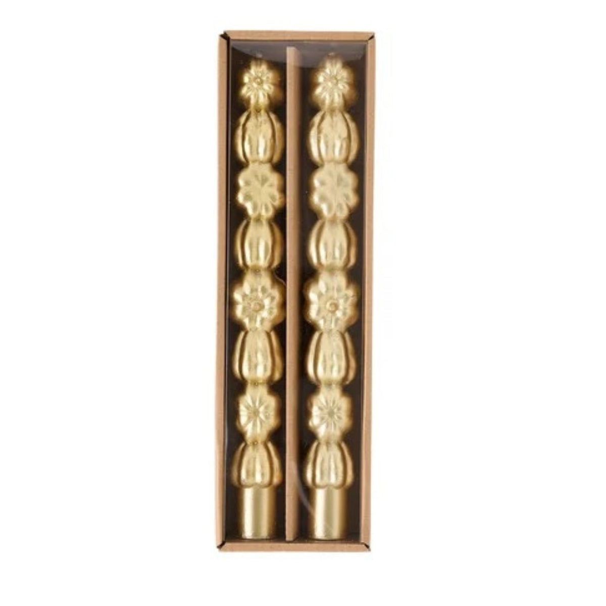 Two gold-toned decorative candlesticks with pumpkin engravings, presented in a tall rectangular gift box with a clear front panel on a white background.