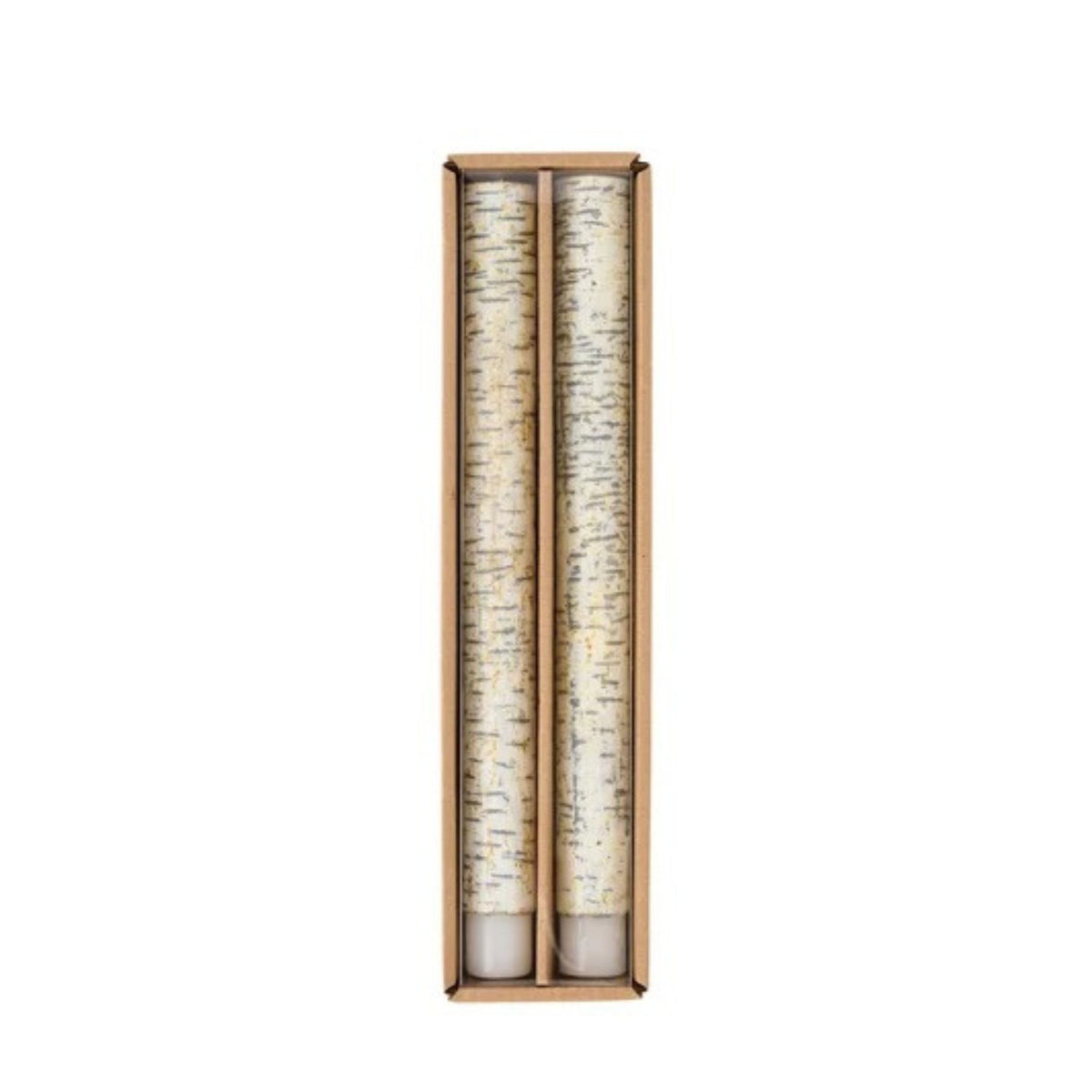Two birch wood taper candles in a light brown wooden gift box, shown against a plain white background.